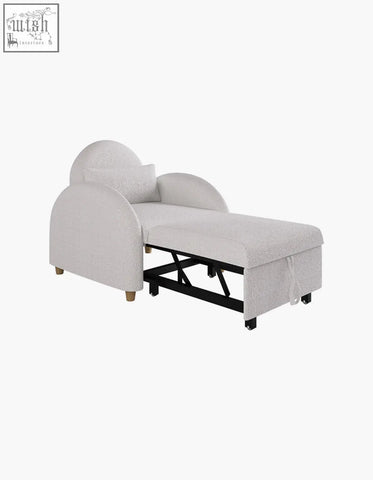 Goh single sofa bed in light gray boucle fabric with curved backrest and cozy seat chaise lounge design