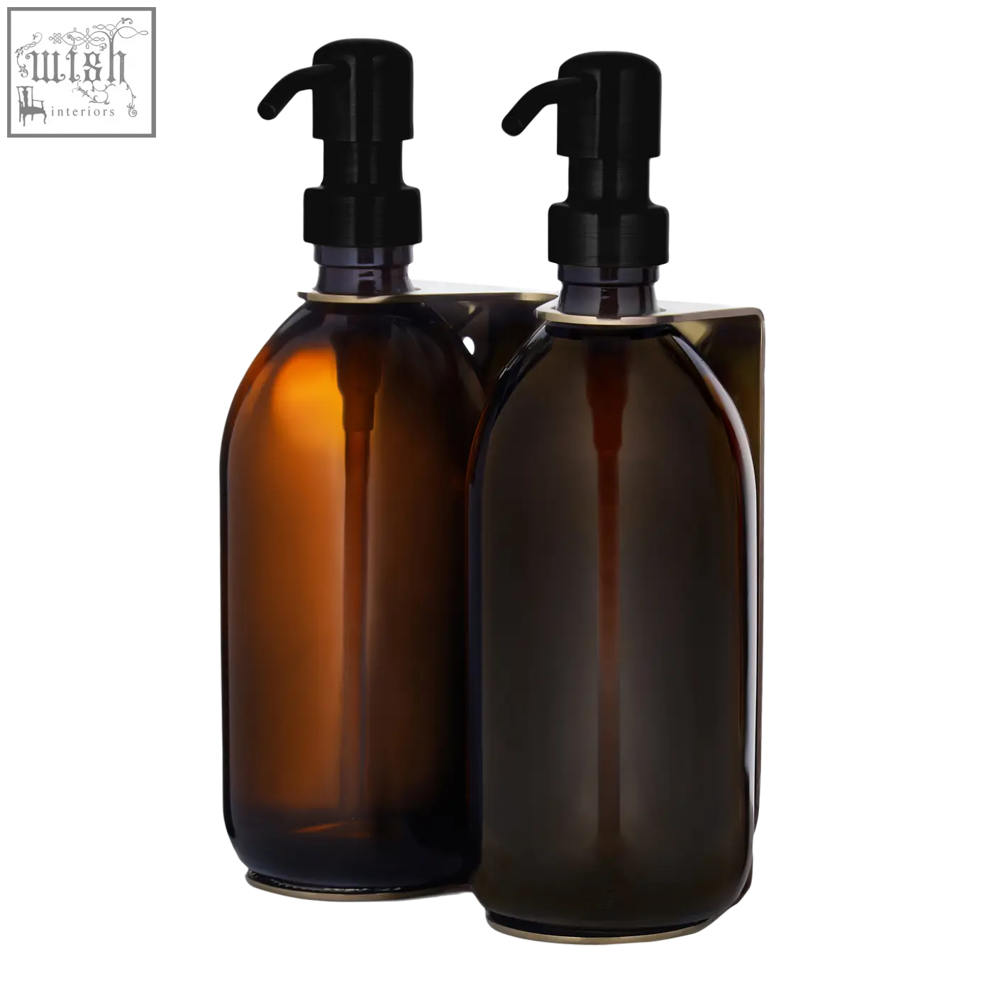 Two refillable amber glass bottles with black pumps for gold double wall mounted soap dispenser with stainless steel parts