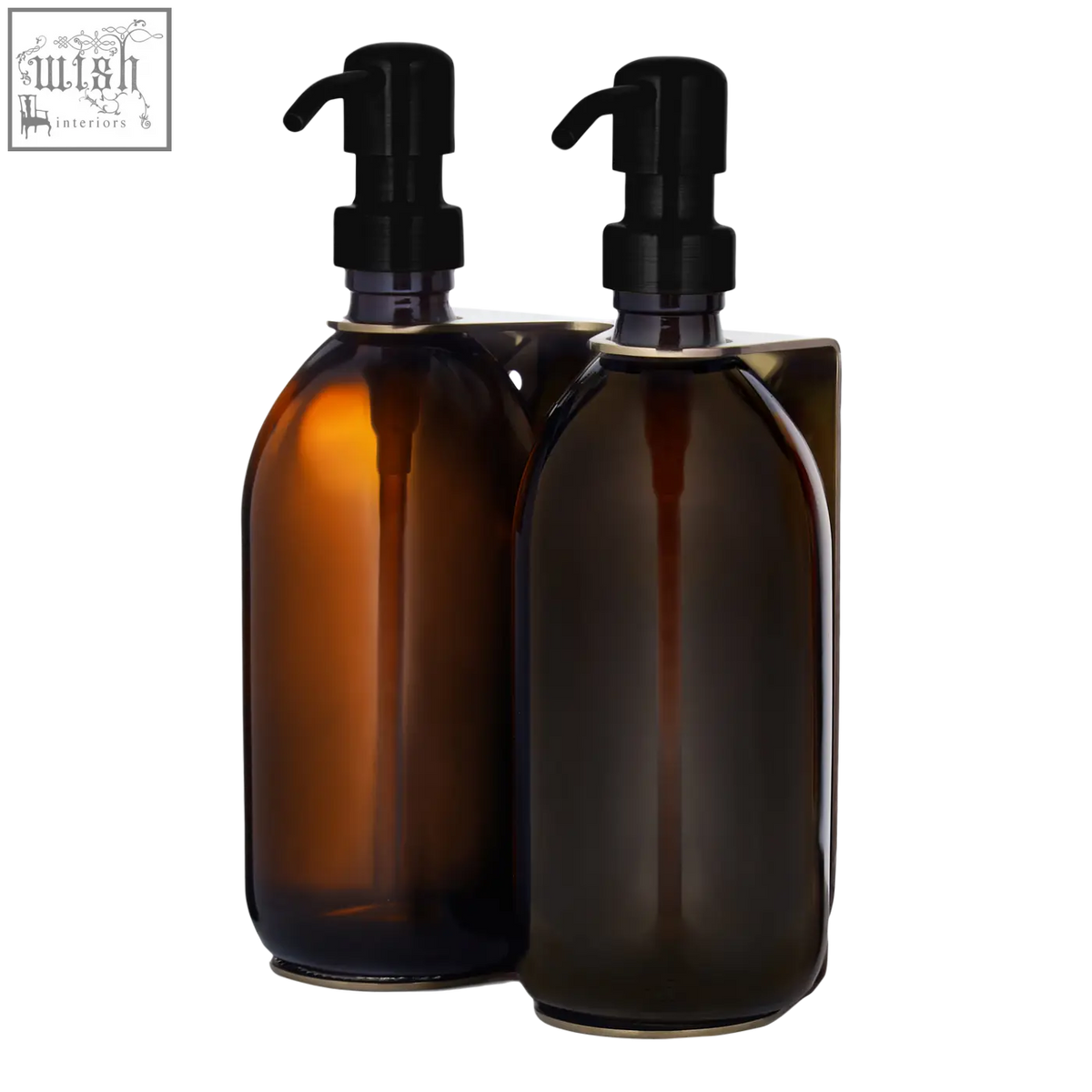 Two refillable amber glass bottles with black pumps for gold double wall mounted soap dispenser with stainless steel parts