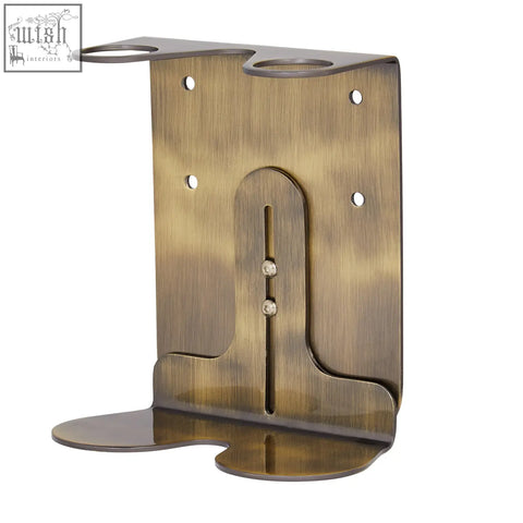 Gold double wall mounted soap dispenser with brass finish stainless steel holder and refillable glass bottles cutouts
