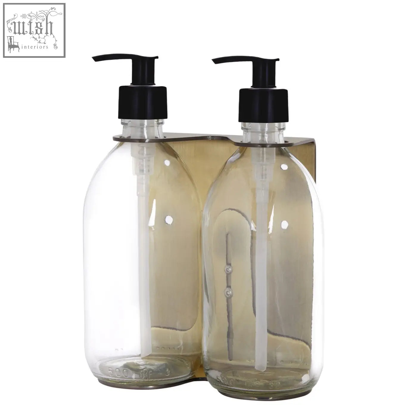 Gold double wall mounted soap dispenser with refillable glass bottles and black pumps on stainless steel bracket