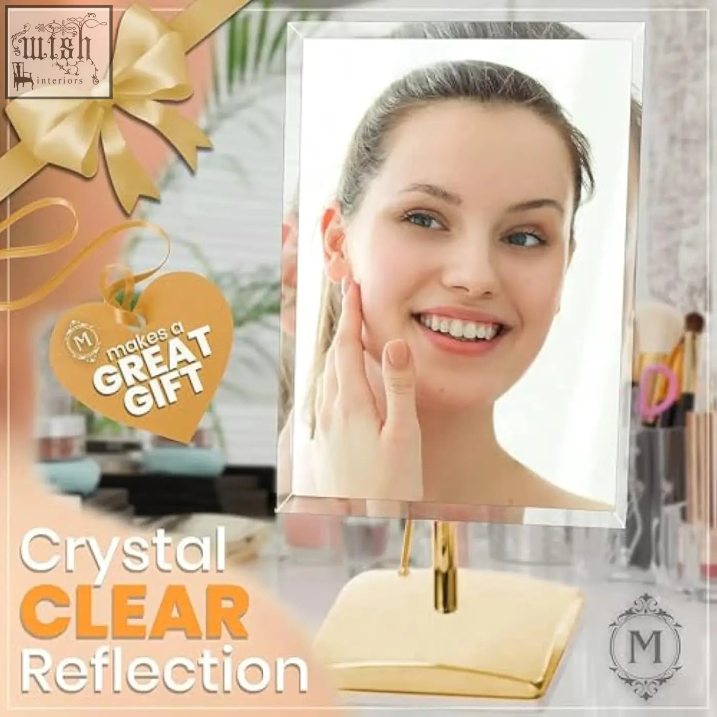 Gold large free standing rectangular vanity mirror with sleek design and crystal clear reflection perfect for dressing table gift box