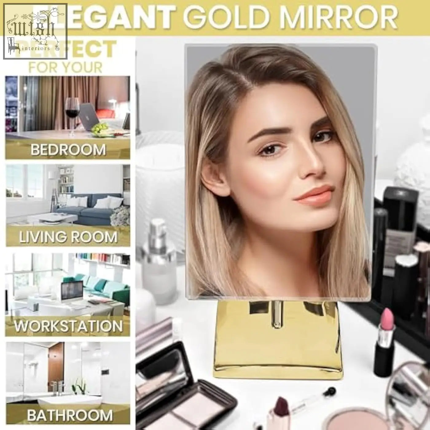 Elegant gold large free standing mirror with sleek rectangular frame ideal for dressing table gifts in white gift box