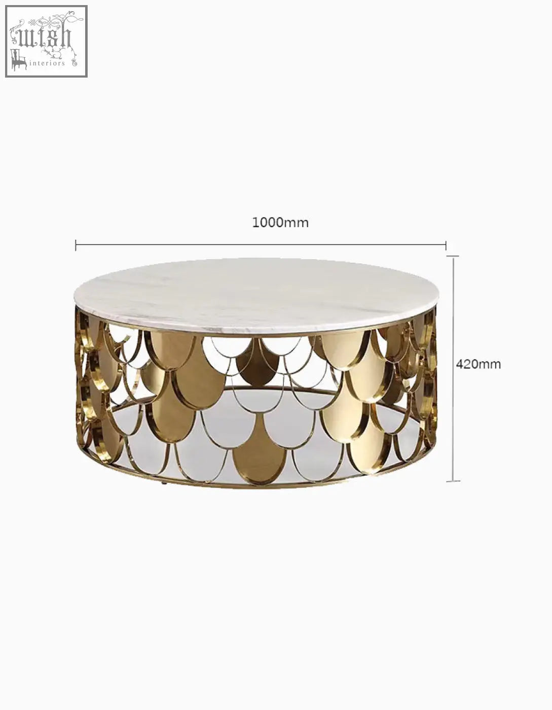Gold nesting coffee table with gold-toned fish-scale pattern base and white marble top perfect for stylish living rooms