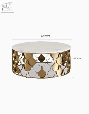 Gold nesting coffee table with gold-toned fish-scale pattern base and white marble top perfect for stylish living rooms
