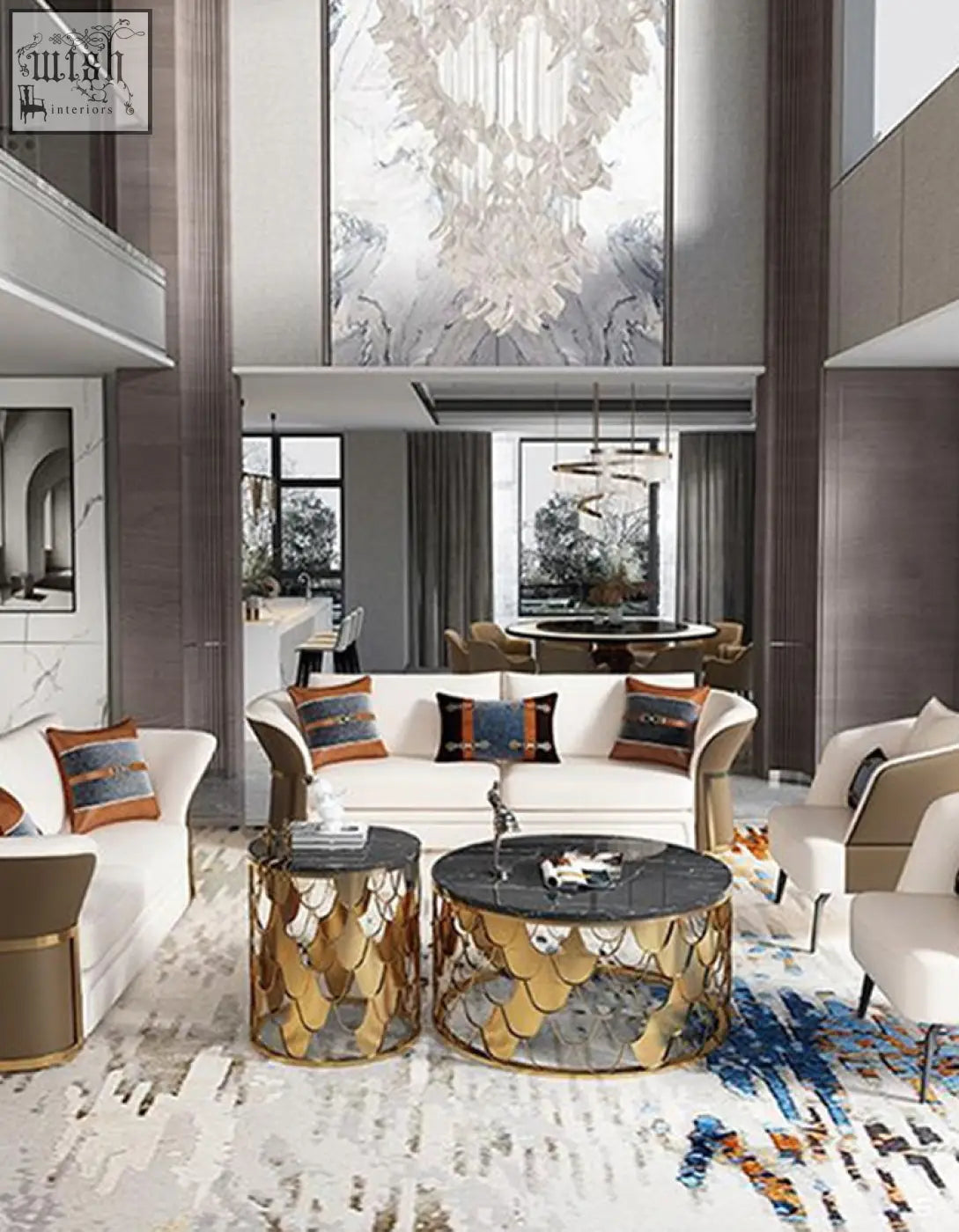 Gold nesting coffee tables with gold fish-scale pattern bases and black marble tops perfect as a stylish coffee table