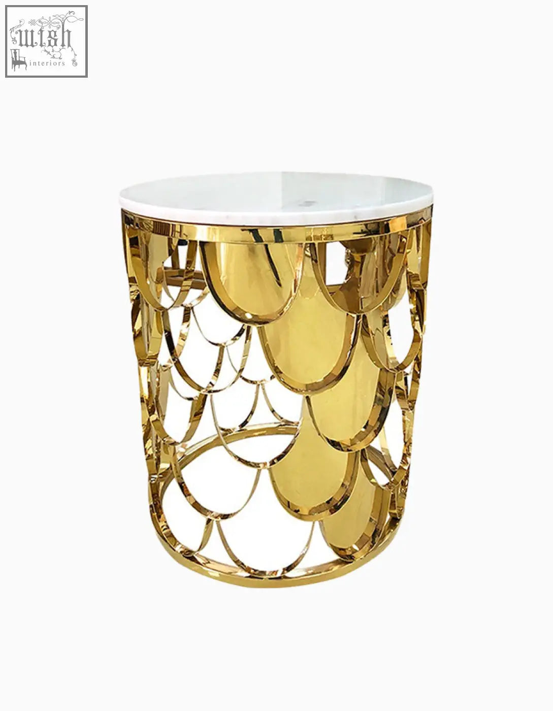Gold nesting coffee table with gold fish-scale pattern side and white marble top perfect as a gold coffee table