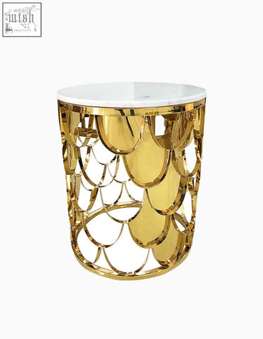 Gold nesting coffee table with gold fish-scale pattern side and white marble top perfect as a gold coffee table