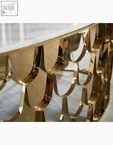 Gold nesting coffee table with gold-toned scalloped metal base and white marble top for stylish living spaces