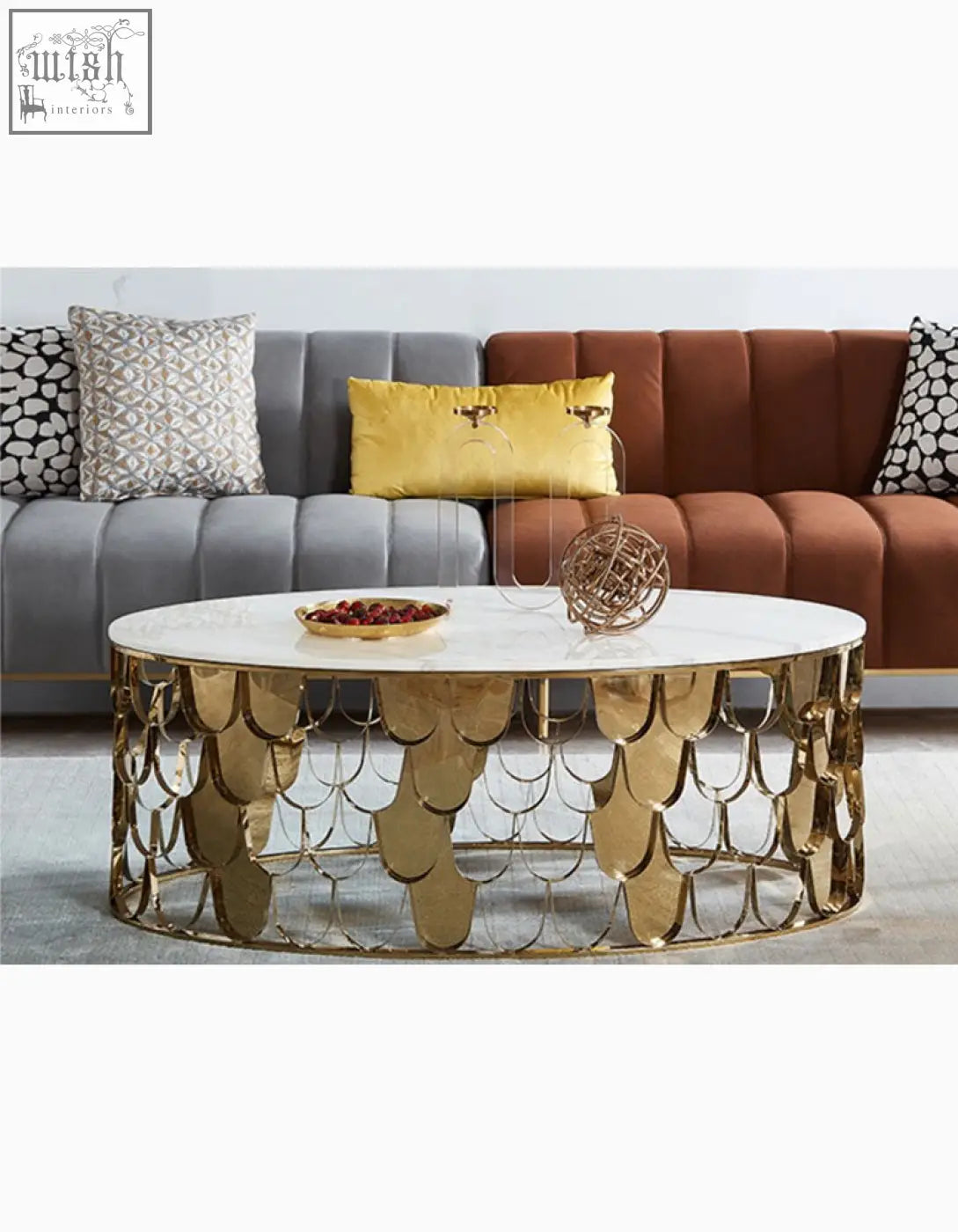 Gold nesting coffee table with white marble top and gold scalloped fish scale metal base design