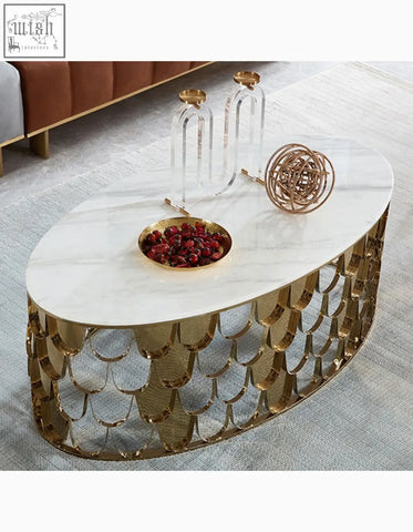Gold nesting coffee table with white marble top and gold scalloped fish-scale base perfect for stylish living rooms