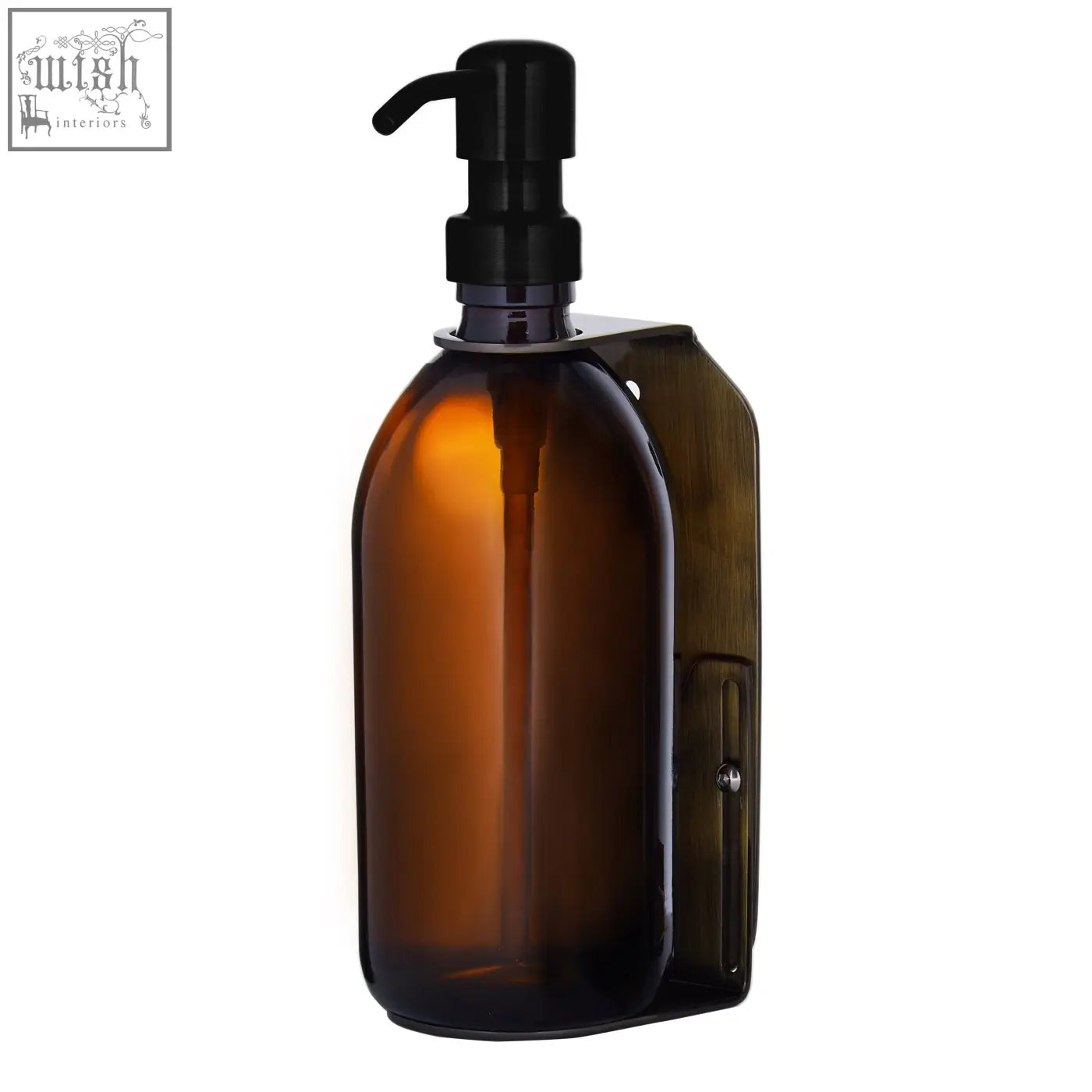 A sleek amber glass gold wall-mounted soap dispenser with black pump and bracket for easy bathroom use