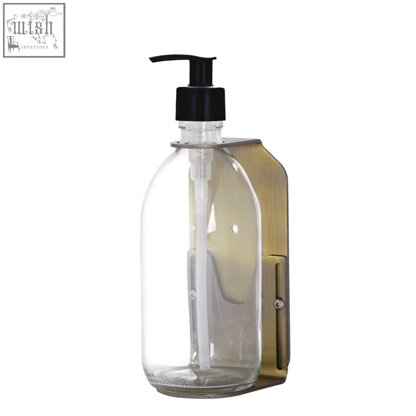 Clear glass soap dispenser with black pump and gold wall-mounted brass bracket for bathroom or kitchen use