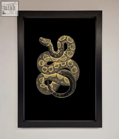Golden serpent framed wall art with detailed gold-leaf coiled snake in ornate black frame for stylish decor