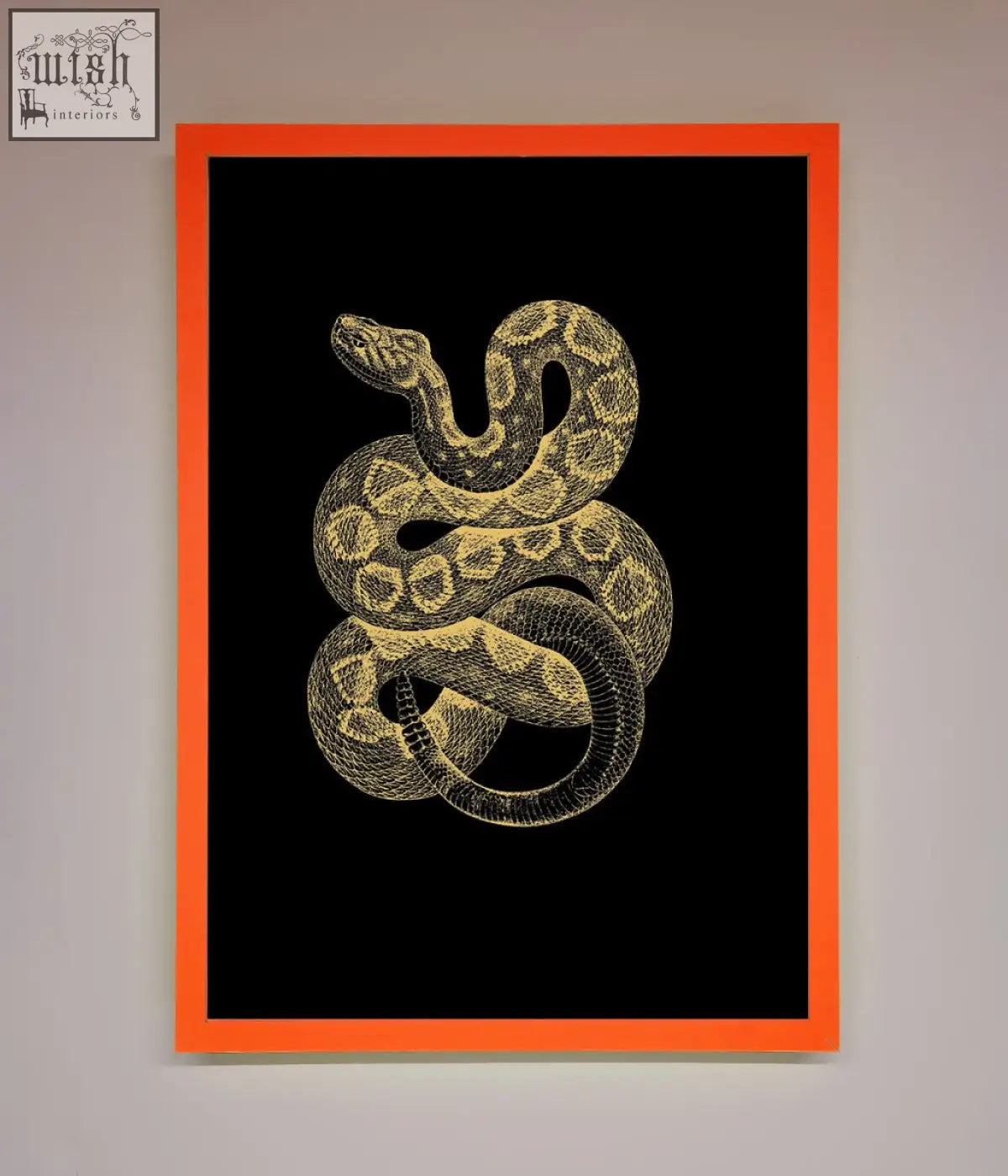 Golden serpent framed wall art with a detailed gold ink snake illustration in an orange frame on black background