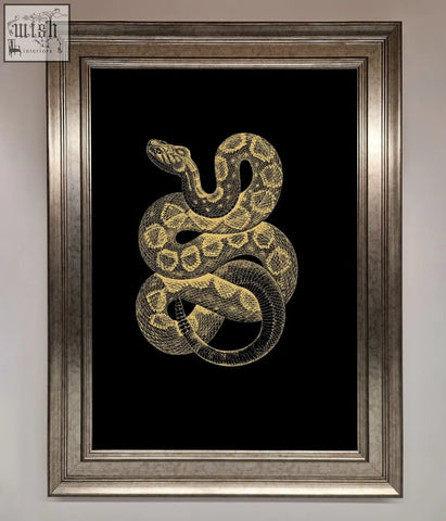 A golden serpent framed wall art featuring a detailed coiled snake in gold and black tones on black background