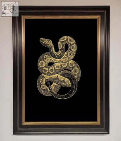 Elegant wall art featuring a gold-embossed serpent illustration in a dark wood and gold-trimmed golden serpent framed design