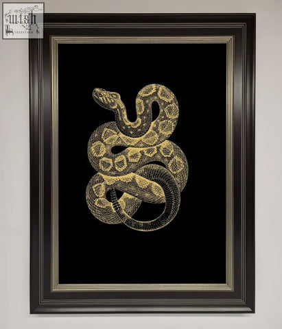 Golden serpent framed wall art featuring an intricate gold-leaf coiled snake on black background in dark brown frame