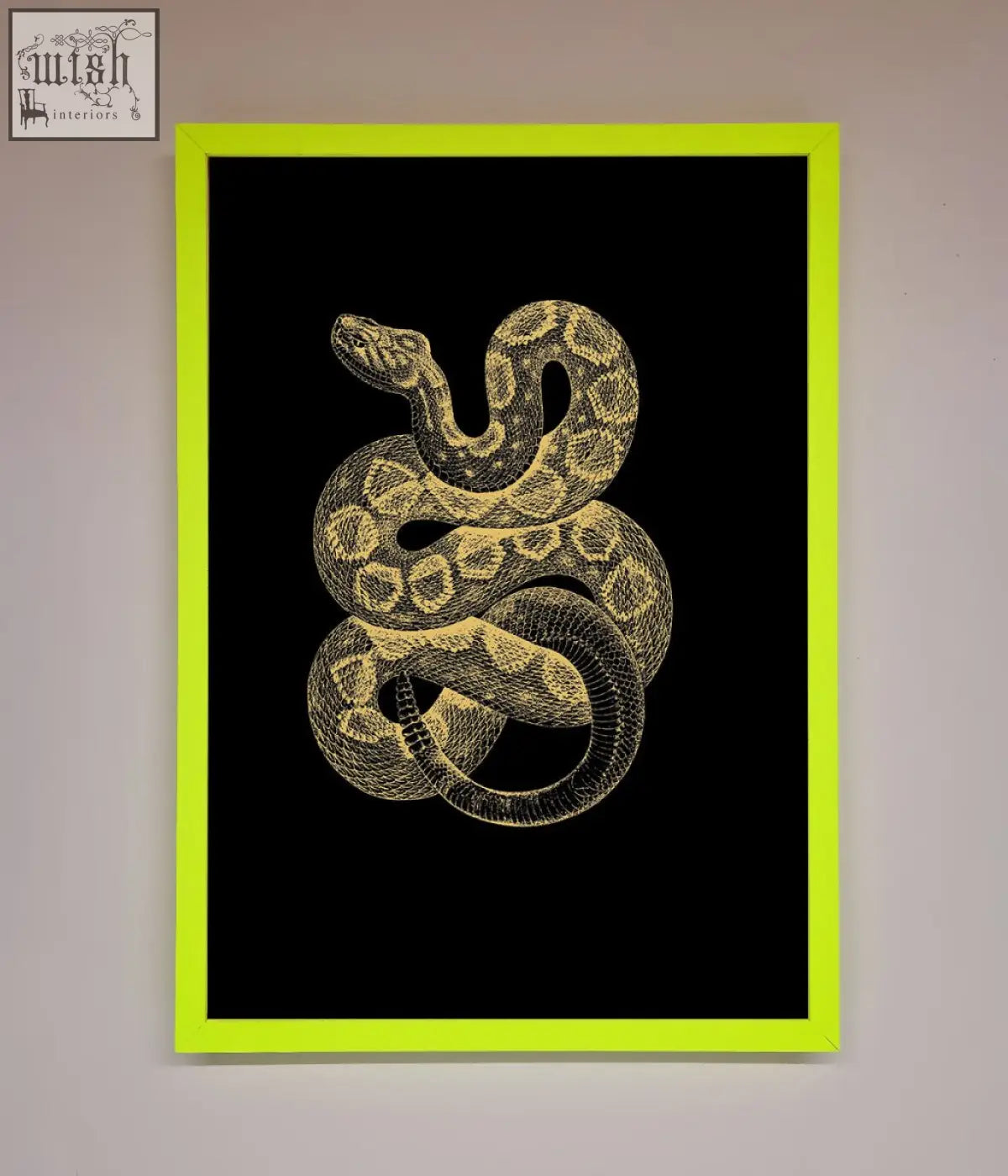 A golden serpent framed wall art featuring a detailed coiled snake illustration in gold and black tones on black background