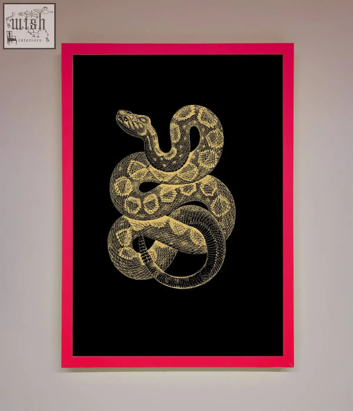 A golden serpent framed wall art with detailed coiled snake in gold and black on a solid black background
