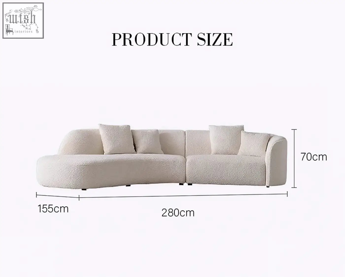 Cream-colored goldie gubi three seater sofa with plush boucle fabric rounded armrests and four matching pillows