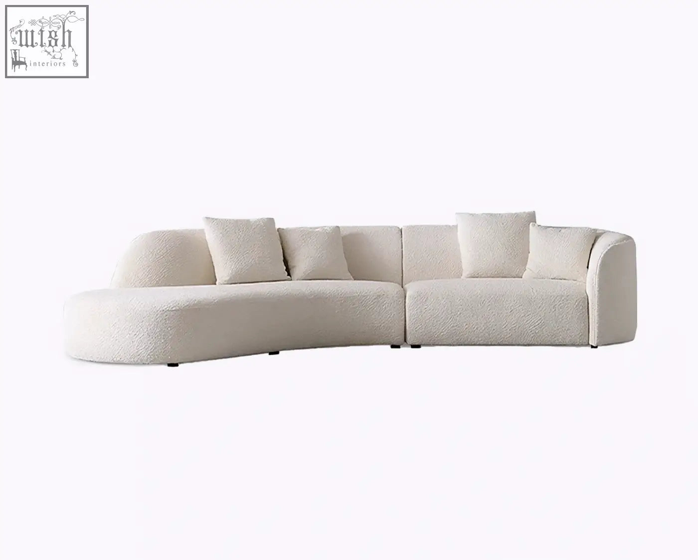 Cream-colored plush sheepskin textured goldie gubi three seater sofa with four matching throw pillows in boucle white