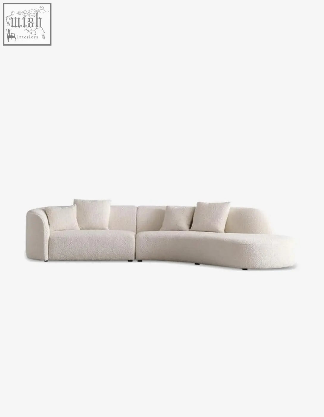 Cream-colored plush goldie gubi three seater sofa with curved boucle upholstery and matching throw pillows