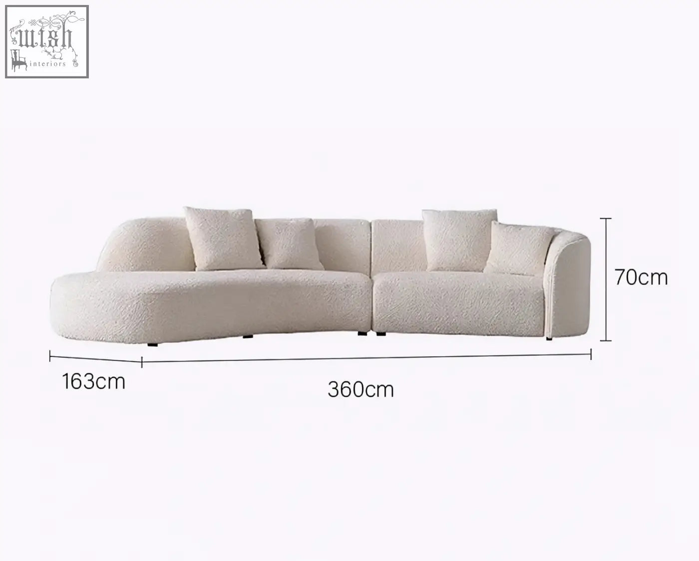 Cream-colored plush shaggy fabric goldie gubi three seater sofa with four matching throw pillows in boucle white
