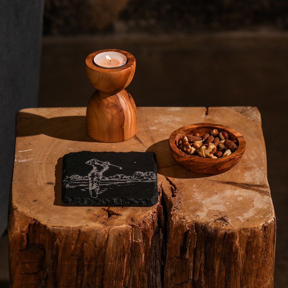 Black single slate coaster featuring a white engraved golf player silhouette perfect for golf fans