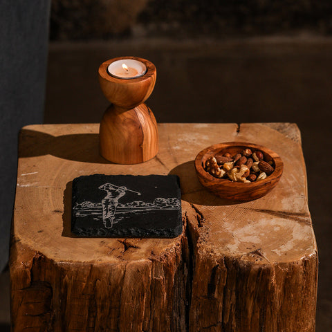 Black single slate coaster featuring a white engraved golf player silhouette perfect for golf fans