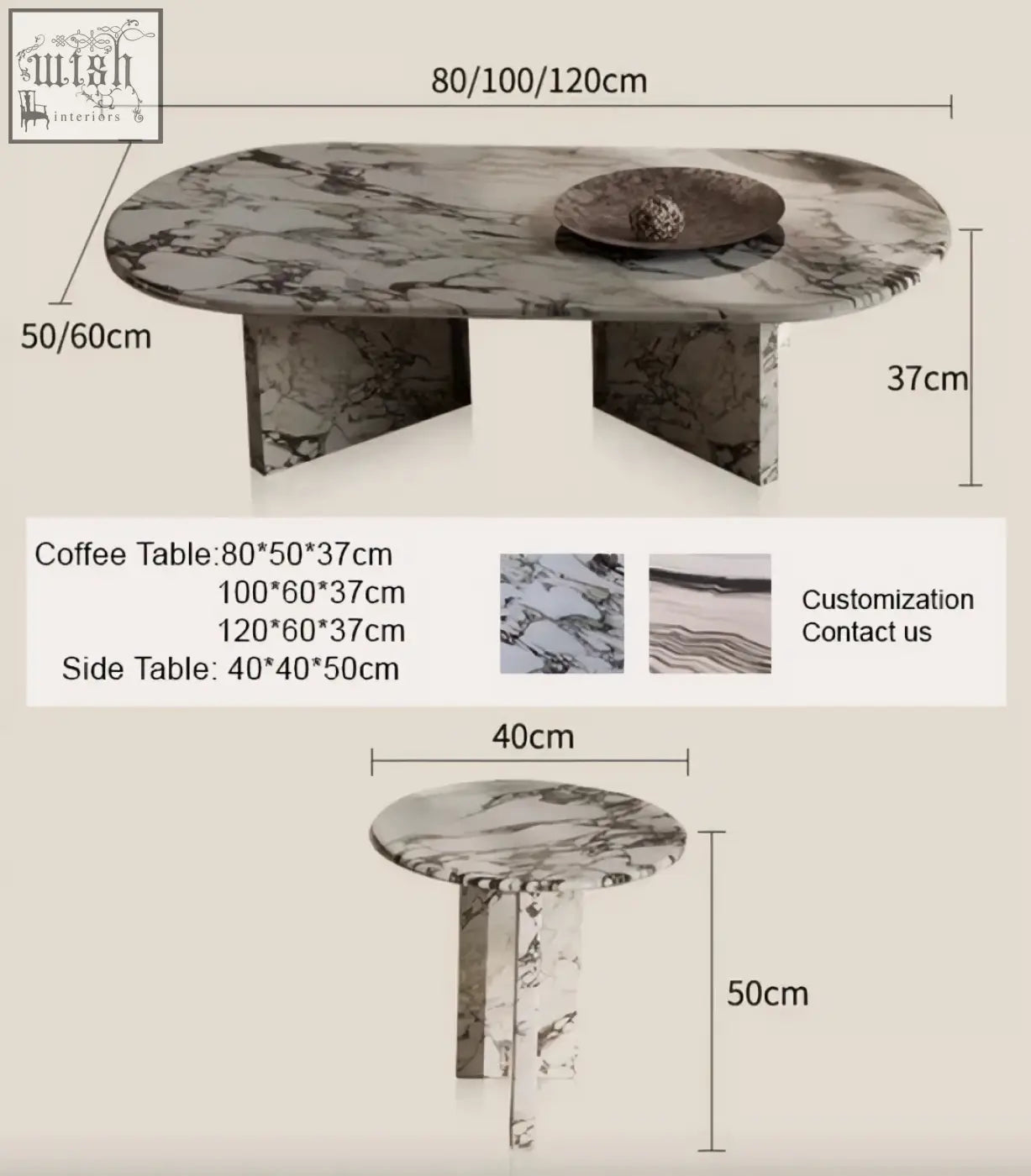 Elegant goliah coffee table set with oval dark gray and white marble top and sturdy matching stone legs