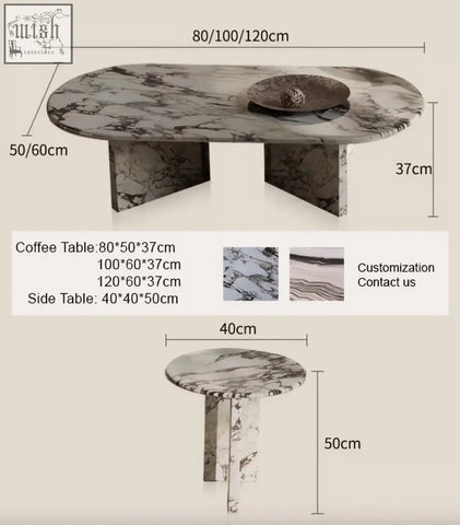 Elegant goliah coffee table set with oval dark gray and white marble top and sturdy matching stone legs