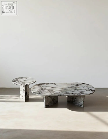 Elegant goliah coffee table set with oval white and black marble top and sturdy matching pedestal bases