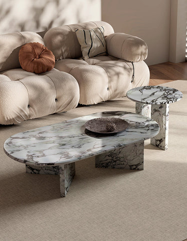 Elegant goliah coffee table set with oval white and gray marble top and matching pedestal legs in marble design