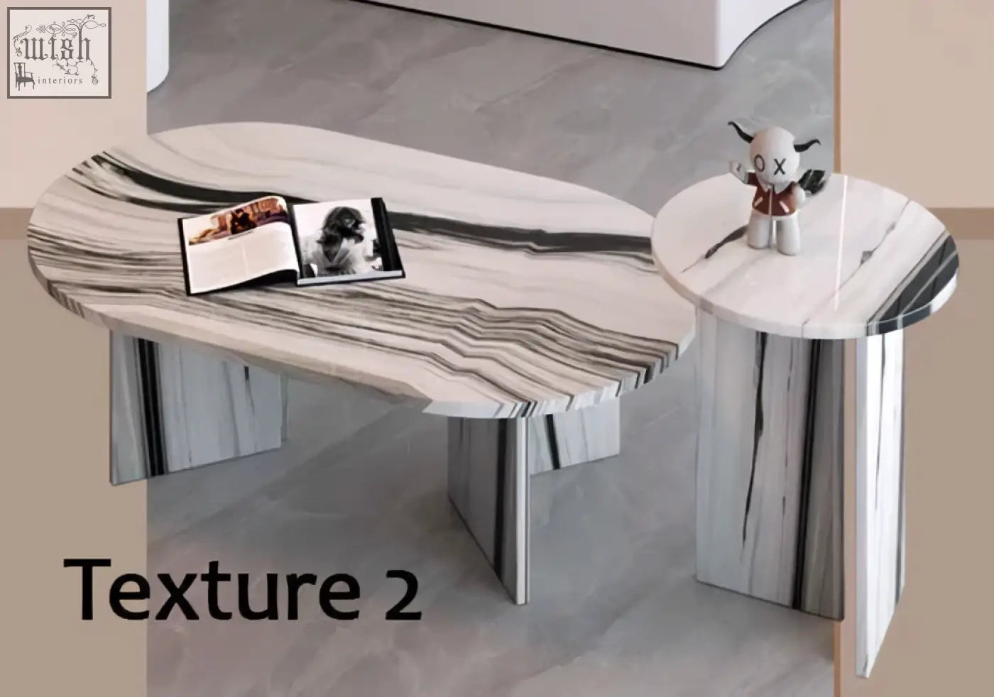The goliah coffee table set features a sleek oval marble coffee table with polished white and black veining patterns
