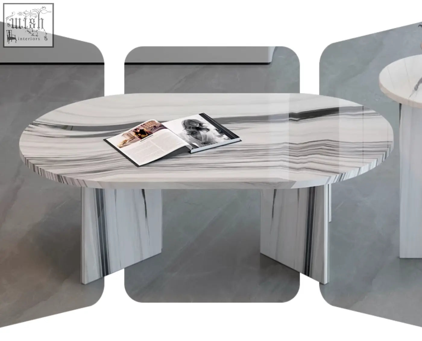 Modern goliah coffee table set with sleek white gray marble top and matching pedestal legs for stylish living room