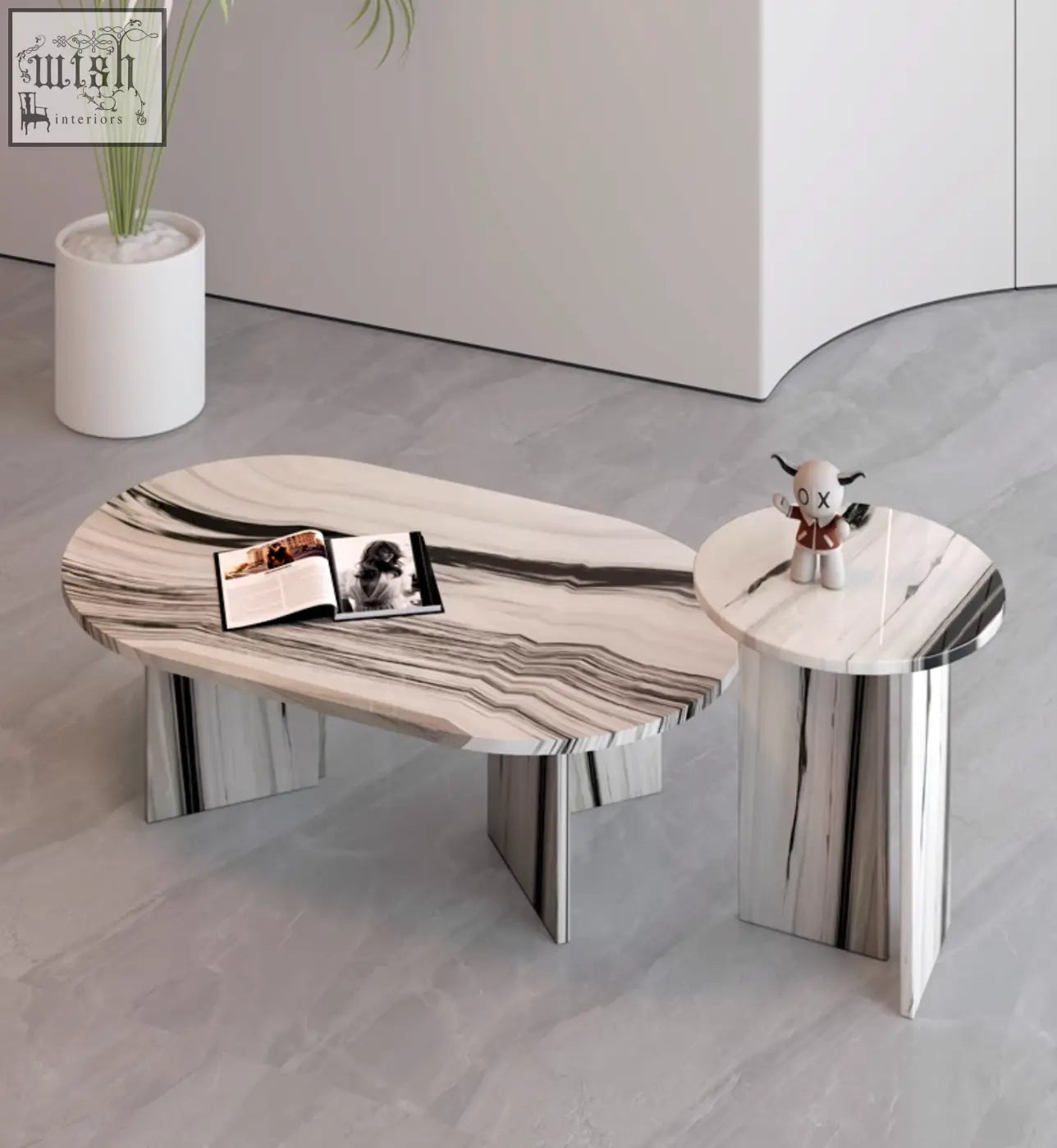 Modern goliah coffee table set with sleek white and black marble top and matching metallic legs for stylish living rooms