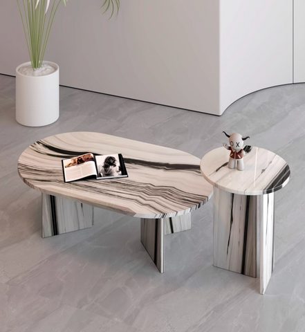 Modern goliah coffee table set with oval white and black marble top and matching metallic legs perfect for living rooms