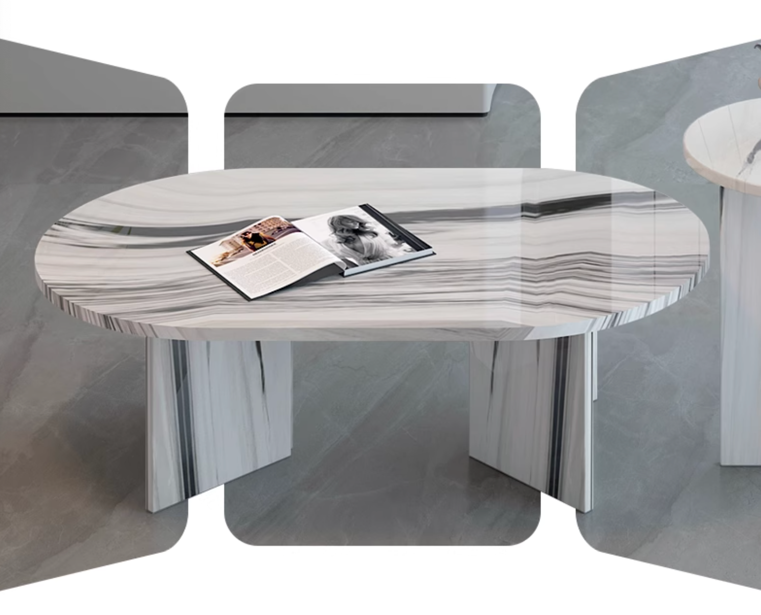 Modern goliah coffee table set with oval white and gray marble top and matching pedestal legs for stylish living rooms