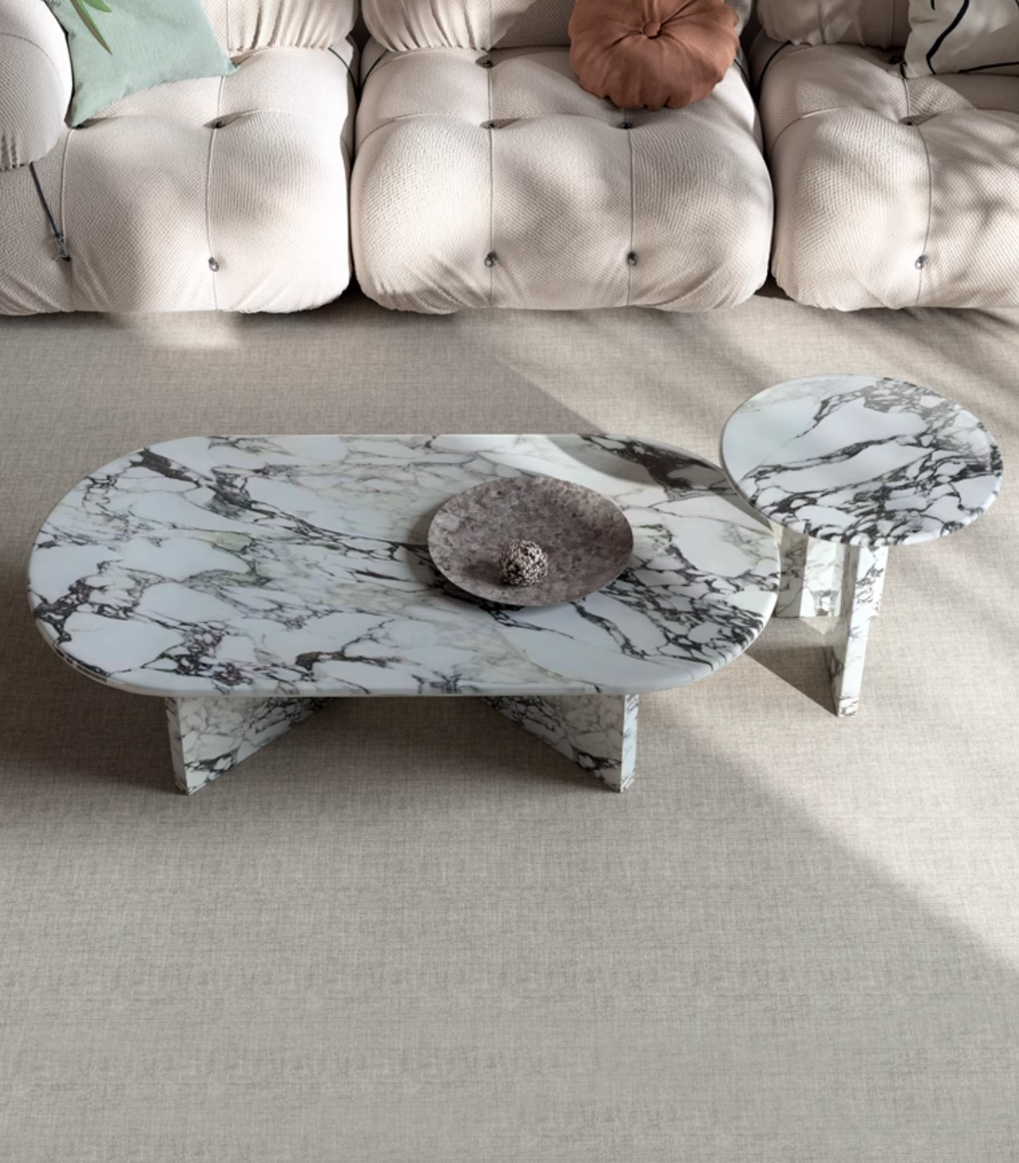 Modern oval goliah coffee table set with white and gray marble top and matching pedestal legs