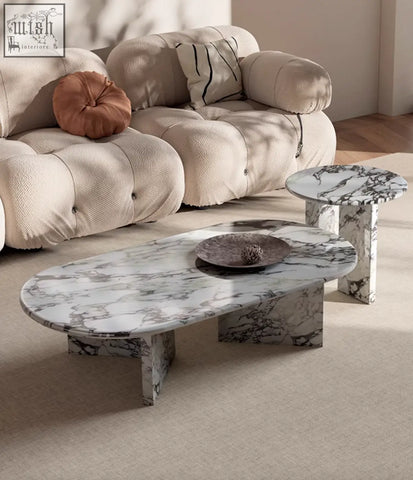 Modern goliah coffee table set with oval white and gray marble top and matching pedestal legs for stylish living room