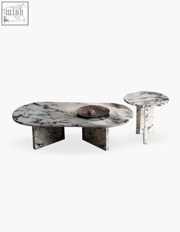Modern goliah coffee table set with white and gray marble top and matching pedestal base perfect for living rooms