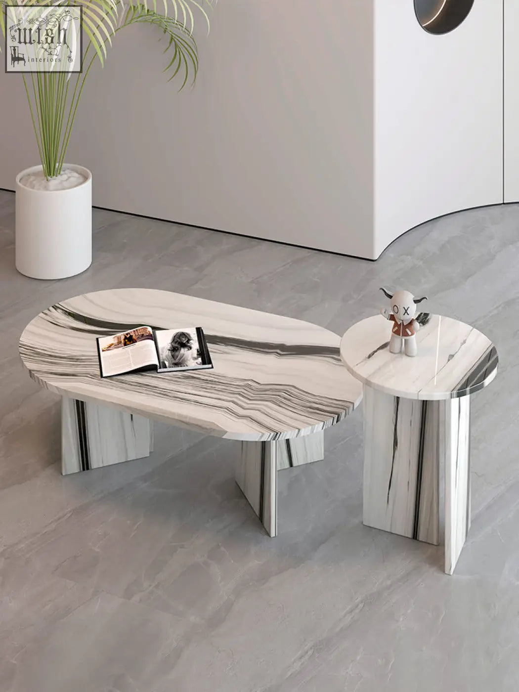 Modern white and gray marble goliah coffee table set with sleek geometric legs perfect for stylish living rooms