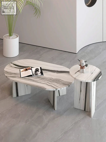 Modern white and gray marble goliah coffee table set with sleek geometric legs perfect for stylish living rooms