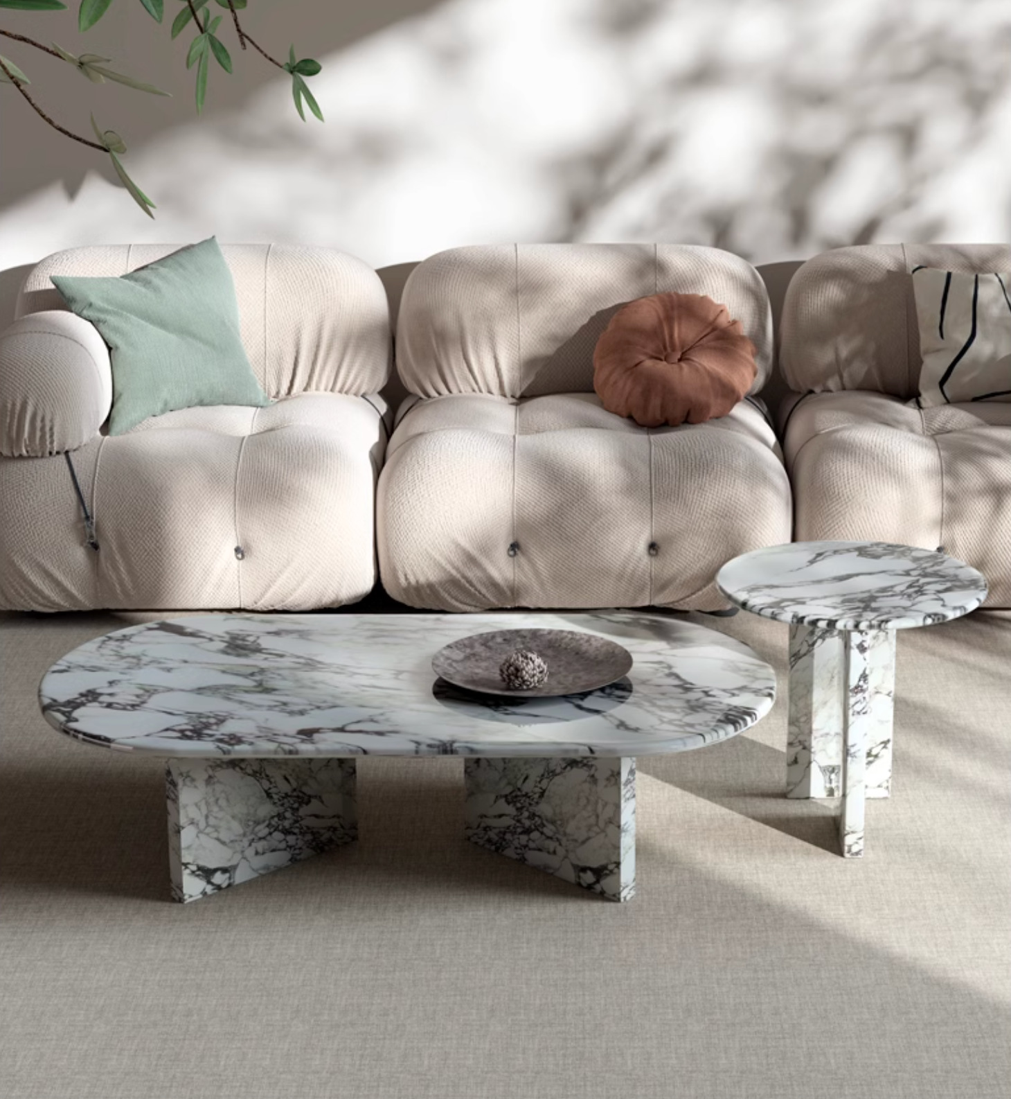 White marble goliah coffee table set with black veining includes a coffee table and matching side table
