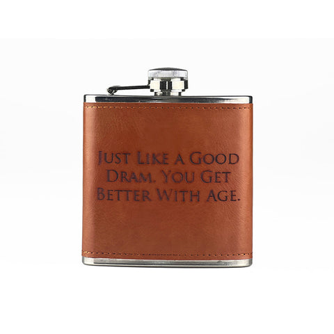 Brown leather hip flask with silver metal cap engraved with just like a good dram from good dram leather hip flask