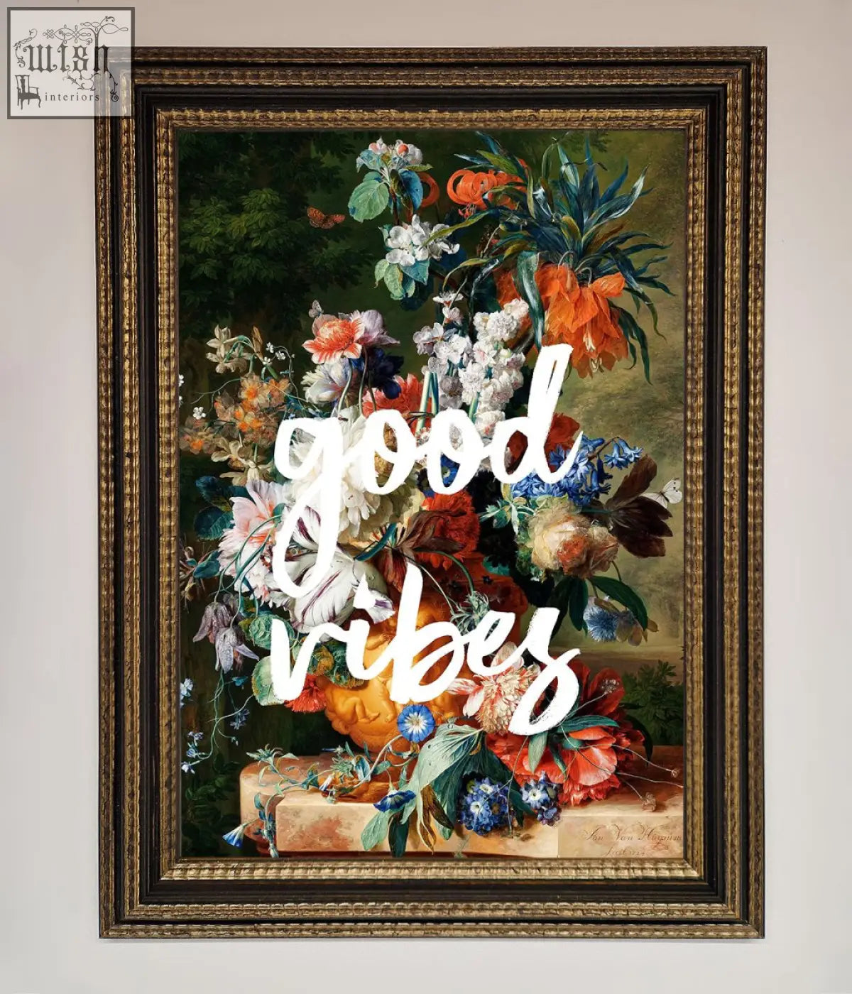 Good vibes framed wall art featuring vibrant orange white blue and red floral painting in gold ornate frame