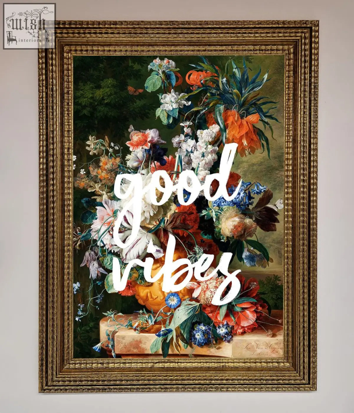 Good vibes framed wall art featuring a gold ornate frame with vibrant orange white blue and red floral still life painting