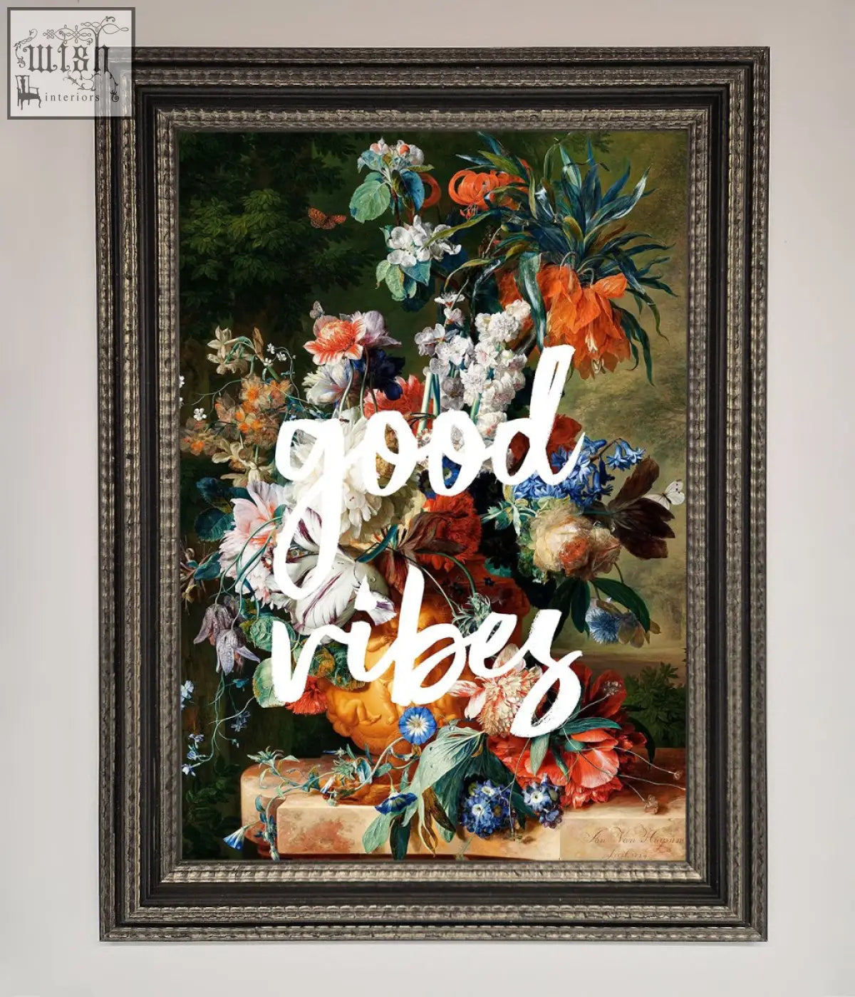 Good vibes framed wall art featuring a floral still life with vibrant orange white blue and red blossoms in a dark ornate frame