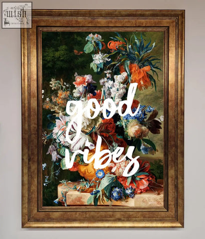 Good vibes framed wall art featuring vibrant orange white blue and red blossoms in a gold-toned frame over dark background